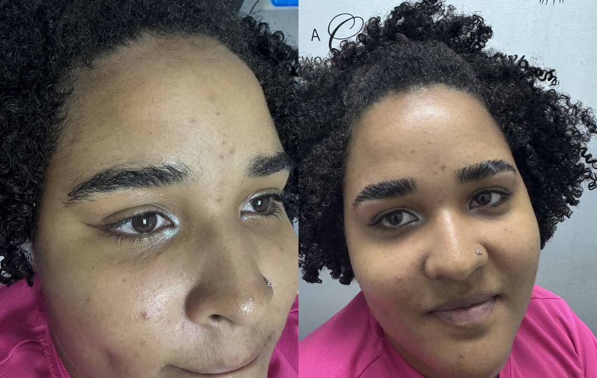 Before and after brow lamination: the same client before treatment on the left and after on the right